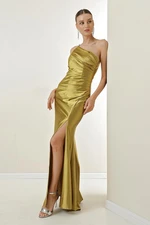 By Saygı One-Shoulder Straps Crepe Satin Long Dress with Draped and Lined Front