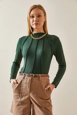 XHAN Emerald Green Sewing Detailed Half Turtleneck Blouse