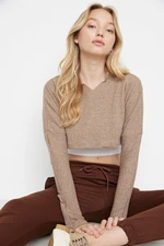 Trendyol Beige Super Crop Long Sleeve Tricot Look Knitted Blouse