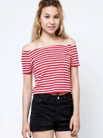 Short blouse with carmen neckline white with red stripes