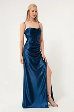 Lafaba Women's Navy Blue Underwire Corset Detailed Long Slit Evening Dress.