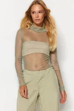 Trendyol Khaki Fitted Stand-Up Collar Tulle Knitted Blouse