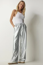 Happiness İstanbul Women's Metallic Gray Palazzo Pants with Pockets Shiny