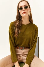 Olalook Women's Khaki Crewneck Bat Blouse with Soft Texture