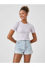 Koton Crop T-Shirt, Textured Crew Neck Short Sleeve Viscose Blend.