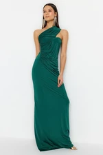 Trendyol Emerald Green One-Shoulder Shirring Detailed Evening Dress