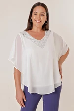 By Saygı V-Neck Stone Bead Detailed Top Chiffon B.B. Lycra Blouse