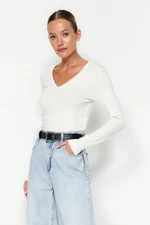 Trendyol Premium Soft Fabric Ecru V-Neck Fitted/Slippery Knitted Blouse