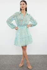 Trendyol Green Paisley Patterned A-Line Shirt Collar Mini Chiffon Lined Woven Dress