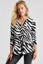 Cool & Sexy Women's Black and White V-Neck Zebra Patterned Blouse