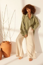 Trendyol Mint 100% Linen Oversize Shirt with Accessory Detail