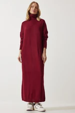 Happiness İstanbul Women's Burgundy Turtleneck Slit Oversize Knitwear Dress