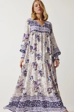 Happiness İstanbul Women's Lilac Patterned Oversize Long Viscose Dress