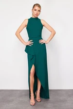 Trendyol Emerald Green Flounce Detailed Belted Woven Long Elegant Evening Dress