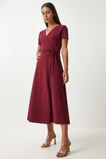 Happiness İstanbul Women's Burgundy V-Neck Wrap Midi Knitted Dress