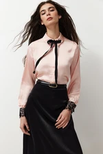 Trendyol Satin Woven Shirt with Dusty Rose Collar and Bow and Lace Detail