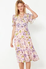 Trendyol Pink Floral Print A-Cut Flounced Midi Lined Chiffon Woven Dress