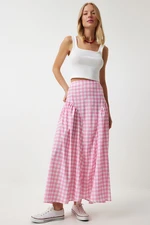 Happiness İstanbul Women's Pink Gingham Flounce Summer Poplin Skirt