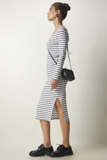 Happiness İstanbul Women's White Striped Slit Wrap Knitted Dress