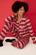 Trendyol Red Plaid Deer Embroidery Detailed Tshirt-Pants Knitted Pajama Set