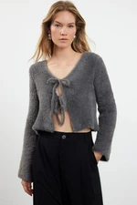 Trendyol Anthracite Crop Feather Tie Detailed Knitwear Cardigan