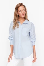 Trendyol Light Blue Slim Striped Single Pocket Boyfriend/Wide Fit Cotton Woven Shirt