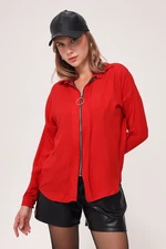 armonika Women's Red Front Zipper Loose Shirt