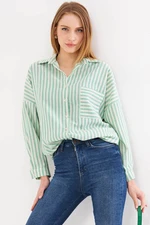 armonika Women's Green Striped Long Sleeve Pocket Detailed Pleated Oversize Shirt