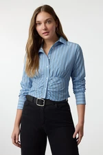 Trendyol Blue Striped Front Gathered Fitted Waist Crop Woven Shirt