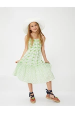 Koton Floral Dress with Thin Straps Lined, Ruffled Dress with Pleated Waist.