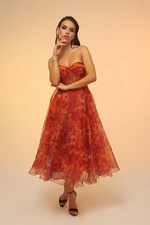 Carmen Orange Print Strapless Midi Engagement Evening Dress