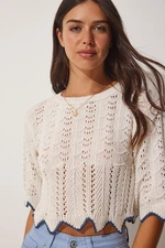 Happiness İstanbul Women's Blue Cream Striped Openwork Knitwear Blouse