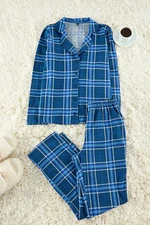 Trendyol Navy Blue 100% Cotton Plaid Knitted Pajama Set