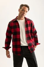 DEFACTO Men's Red Regular Fit Polo Collar Checked Lumberjack Flannel Long Sleeve Shirt