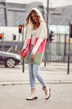 Women's striped cardigan with hood in fluorine pink and olive green