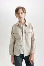 DEFACTO Boy Regular Fit Polo Collar Long Sleeve Double Pocket Beige Shirt