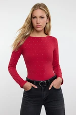 Trendyol Burgundy Shiny Stone Printed Cotton Long Sleeve Flexible Snap Fastener Knitted Bodysuit