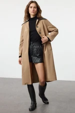 Trendyol Beige Regular Belted Faux Leather Detailed Long Trench Coat