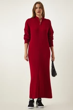 Happiness İstanbul Women's Red Zipper Collar Ribbed Long Knitwear Dress