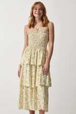 Happiness İstanbul Women's Ecru Yellow Floral Flounce Summer Viscose Dress