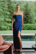 Trendyol X Zeynep Tosun Saks Wrap Knitted Long Evening Dress & Graduation Dress with Accessory Detail