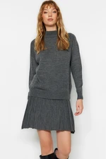 Trendyol Anthracite Pleated Skirted Knitwear Top-Bottom Set