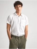 Pepe Jeans Men's White Linen Short Sleeve Shirt - Men's