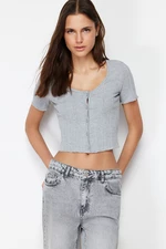Trendyol Gray Melange Patchwork Crop Pool Neck Ribbed Stretchy Knitted Blouse