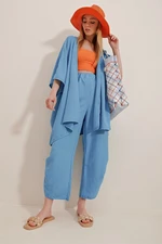 Trend Alaçatı Stili Women's Aviator Blue Trousers And Jacket Double Suit With Slit Legs, Textured