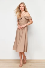 Trendyol Mink Straight Cut Madonna Collar Linen Look Maxi Woven Dress