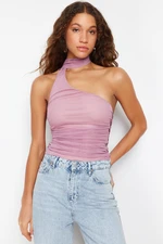 Trendyol Pink Halter Neck Gathered Lined Tulle Knitted Blouse