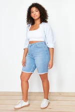 Trendyol Curve Blue Leg Tassel Detailed Stretchy Skinny Denim Shorts