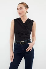 Trendyol Black Fitted Gather Detailed Sleeveless Stretchy Knitted Blouse