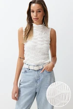 Trendyol Ecru High Collar Fitted Crop Textured Stretchy Knitted Blouse